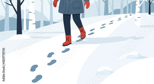 Footprints through the silent snow, a solitary figure braves the winter's chill and walks in peace