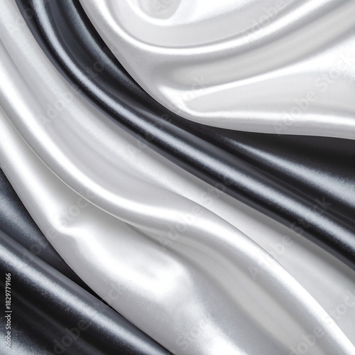 A close-up view of luxurious black and white satin fabric, showcasing its smooth texture, subtle sheen, and intricate folds that create elegant patterns.