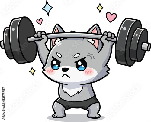 Tiny chibi wolf lifting an oversized barbell comically large compared to its small body, strained cute face, rounded shapes, bold adorable vector illustration
