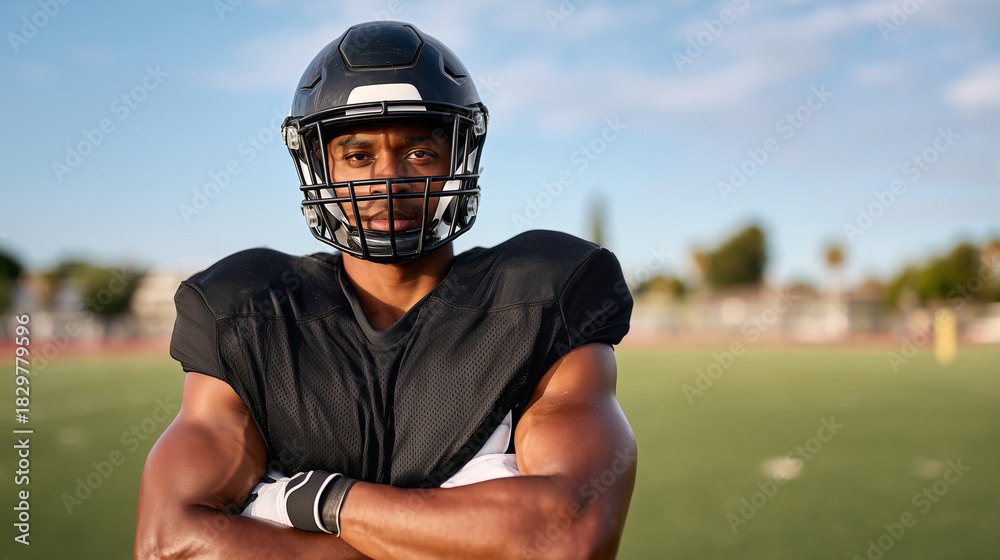Naklejka premium American football player in protective helmet and shoulder pads with arms crossed on field. Confident athlete wearing safety gear during training. Sports equipment portrait in natural daylight.