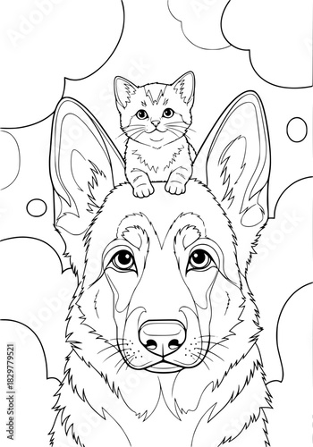 A kitten sits on the head of a kind shepherd dog. coloring book