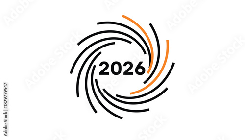 Abstract 2026 logo swirling lines create a dynamic vortex isolated on white background