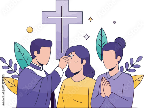 Flat vector illustration of Ash Wednesday ritual