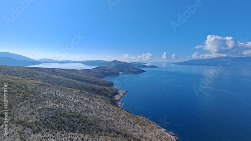 Stunning aerial view of Albania coastline, featuring crystal-clear blue waters, untouched sandy beaches, and natural coastal beauty