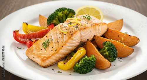 Plate of grilled salmon fillet served with sweet potato wedges, broccoli, and lemon