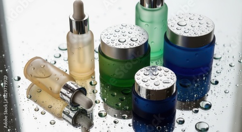 Artistic still life showcasing a collection of colorful cosmetic bottles and jars with water