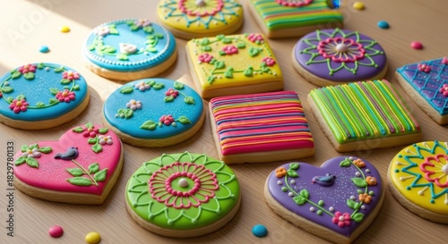 Artistically decorated cookies offer a delightful collection of vibrant designs and colors