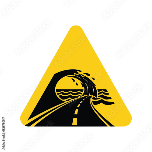Tsunami warning road sign icon: natural disaster flood hazard vector Vector