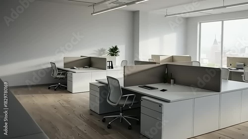 Modern office workspace with desks and city view