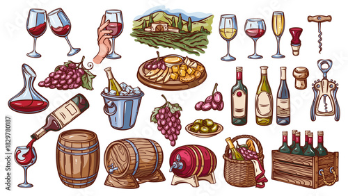 Grape wine making, storage and testing line icons set. Outline hand drawn glass bottle and cork, wooden box, barrel in cellar. Winery, sommelier mascot, wine icons collection vector illustration