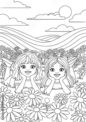 twin sisters in the meadow in the summer. coloring book