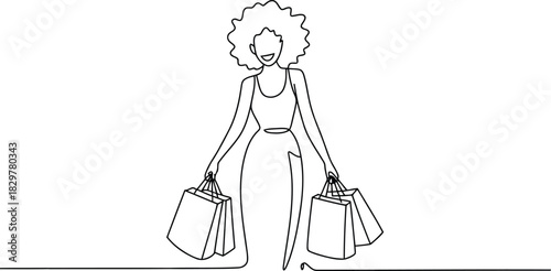 Continuous line drawing of a happy woman with curly hair holding many shopping bags