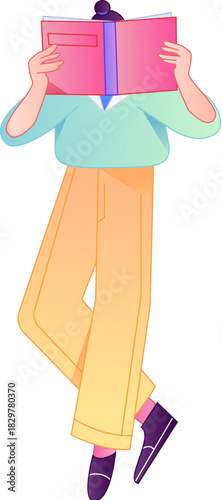 Vector flat gradient illustration of a character reading a book.
