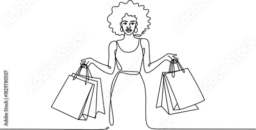 Continuous line drawing of a smiling woman with curly hair holding shopping bags
