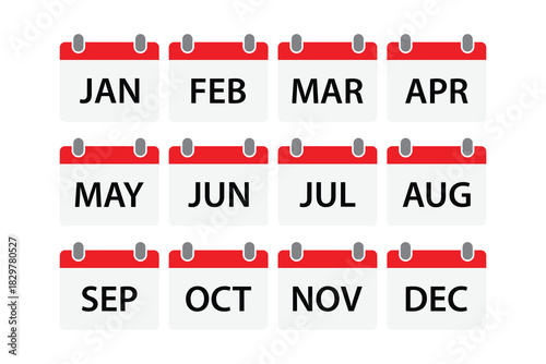 Flat design calendar icons for all months of the year.