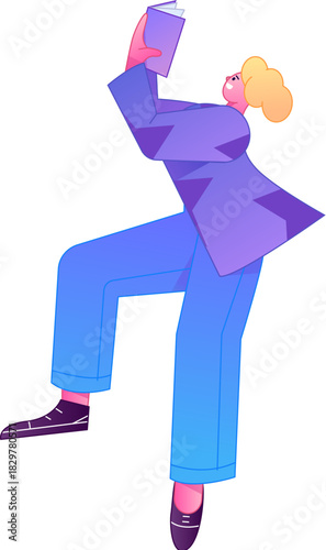 Vector flat gradient illustration of a character reading a book.
