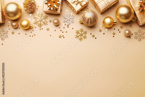 Elegant gold Christmas decorations and gift boxes on beige background with festive ornaments and confetti, minimalist holiday flat lay composition (JPG 300DPI 10800x7200)