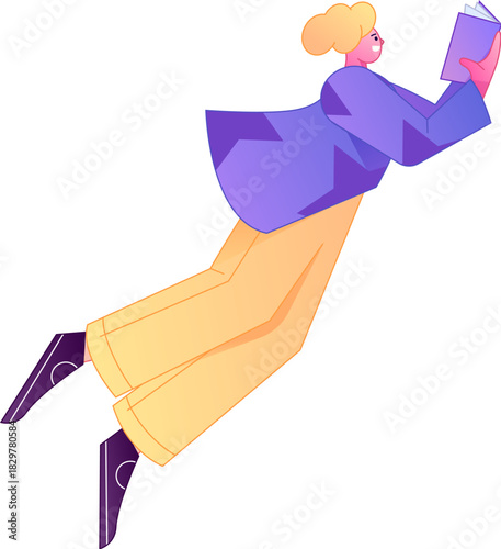 Vector flat gradient illustration of a character reading a book.
