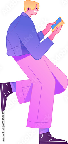 Vector flat gradient illustration of a character reading a book.
