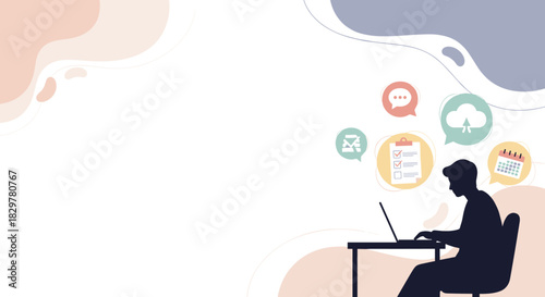 A silhouette of a person diligently working on a laptop, surrounded by digital icons representing connectivity, productivity, and remote business management.
