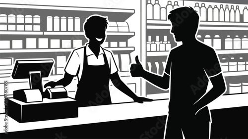 Customer gives a satisfied thumbs up to a friendly cashier at a retail store checkout counter