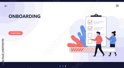 Modern vector illustration showcasing a new employee onboarding process with characters completing a digital checklist and tracking their progress.