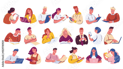 People studying, working, and writing in different poses, using books, laptops, and paper. Colorful cartoon doodle vector illustration of people for education, office projects, websites, or apps.