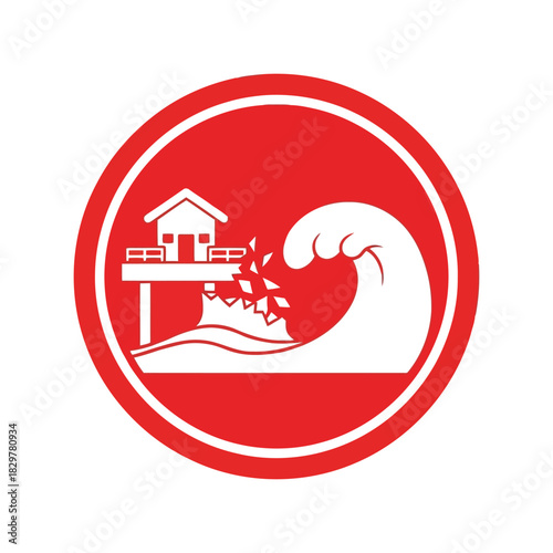 Tsunami warning icon: house destroyed by giant wave vector Vector