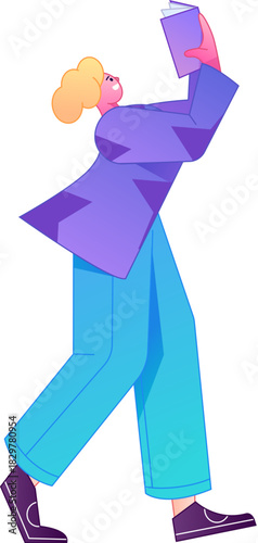 Vector flat gradient illustration of a character reading a book.

