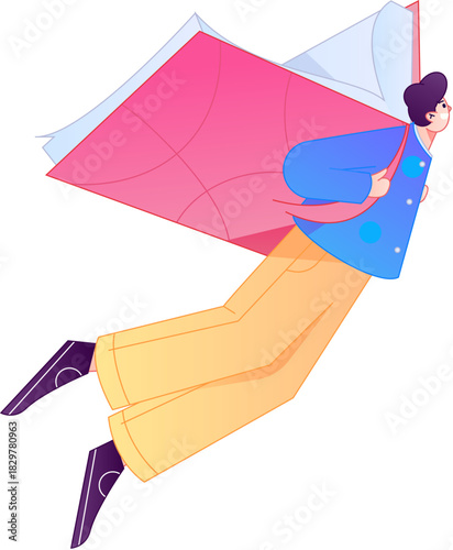 Vector flat gradient illustration of a character reading a book.
