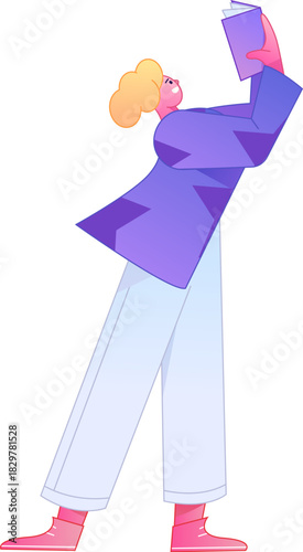 Vector flat gradient illustration of a character reading a book.
