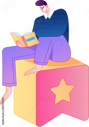 Vector flat gradient illustration of a character reading a book.

