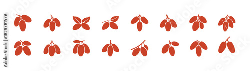 Set of date fruit icons in outline style. Leafy edibles. Dried branch.