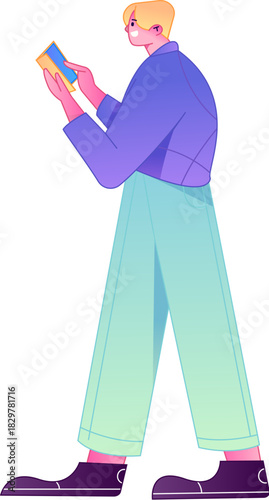 Vector flat gradient illustration of a character reading a book.
