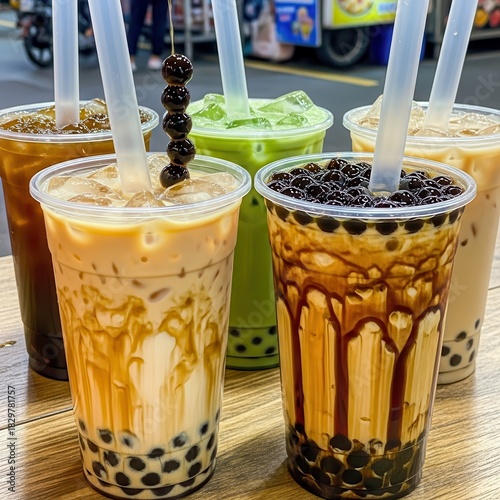 Assortment of bubble tea flavors in transparent cups perfect for a refreshing treat or thirst
