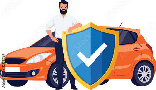 Secure Car Insurance illustration with man and check mark shield