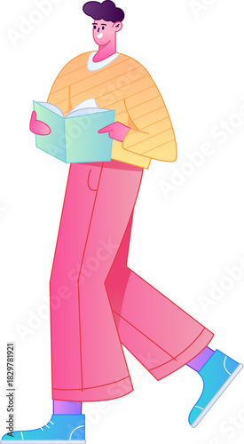 Vector flat gradient illustration of a character reading a book.
