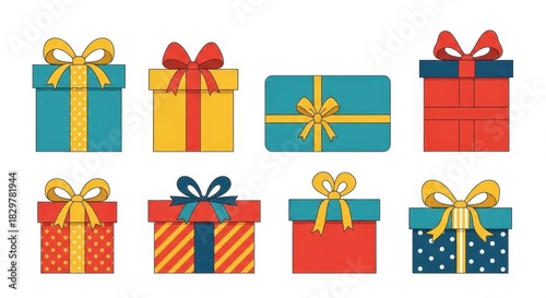 Assortment of decorative gift boxes with ribbons and bows for holiday celebrations