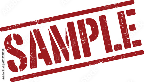 Distressed red sample stamp featuring a grunge texture is isolated on a white background for various uses