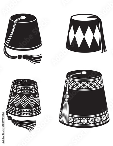 Fez Hat Silhouette Vector Pack with Decorative Tassel Designs.