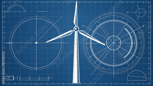 Technical wind turbine blueprint illustration showing engineering design, renewable energy planning, mechanical structure, and clean power concept