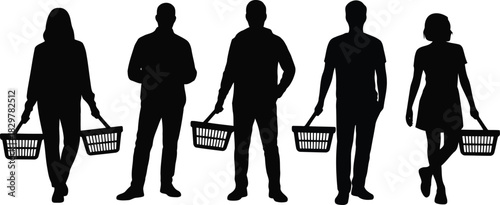 Diverse group of people silhouettes holding empty shopping baskets, ready for a retail experience or grocery trip