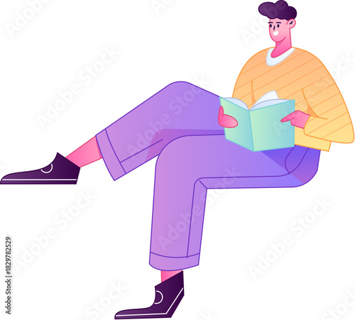 Vector flat gradient illustration of a character reading a book.
