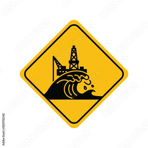 Offshore oil rig tsunami wave warning sign   energy industry danger Vector