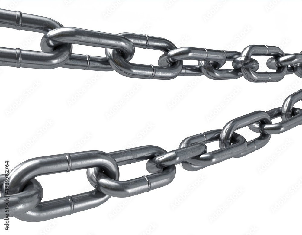 Fototapeta premium Two silver chains link, connect, angled view, white background