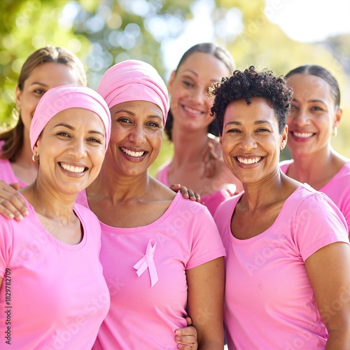 A vibrant group of diverse women wearing matching pink shirts and headbands, smiling and laughing together in a sunny outdoor setting, exuding camaraderie.