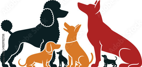 Diverse group of colorful dog breed silhouettes standing together on a clean white background