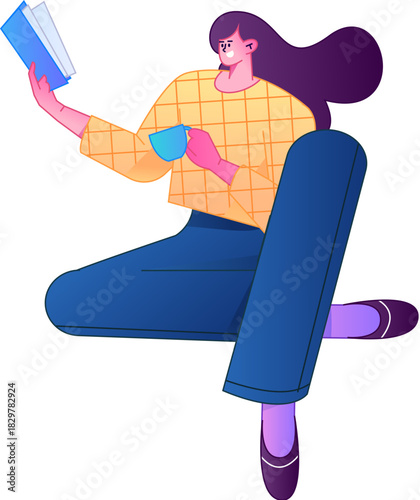Vector flat gradient illustration of a character reading a book.
