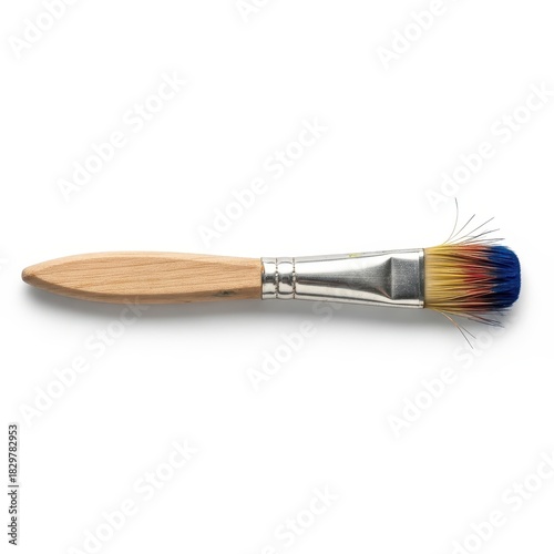 Artistic paint brush with vibrant blue yellow and red bristles on clean white background