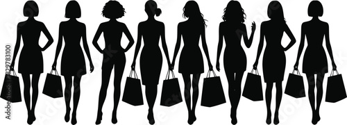 Eight female shopper silhouettes walk together carrying shopping bags on a clean white background